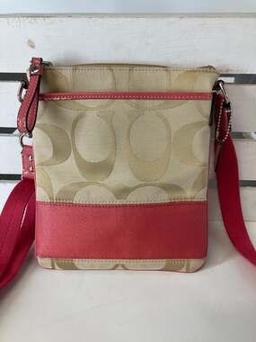 COACH SMALL TAN, PINK SIGNATURE CANVAS WOMENS CROSSBODY BAG